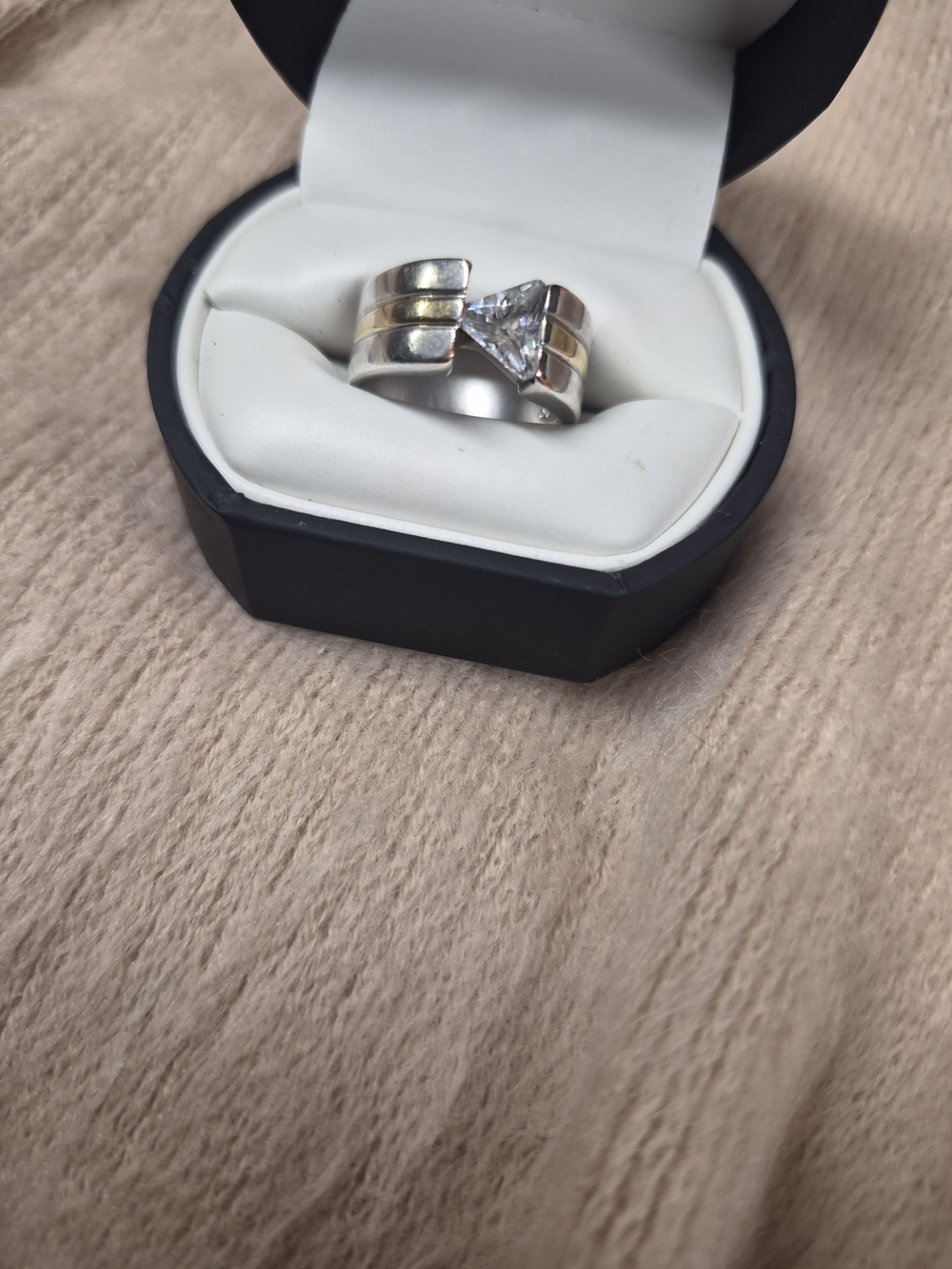 Silver and Gold Two-Tone Ring with Trillion-Cut Stone
